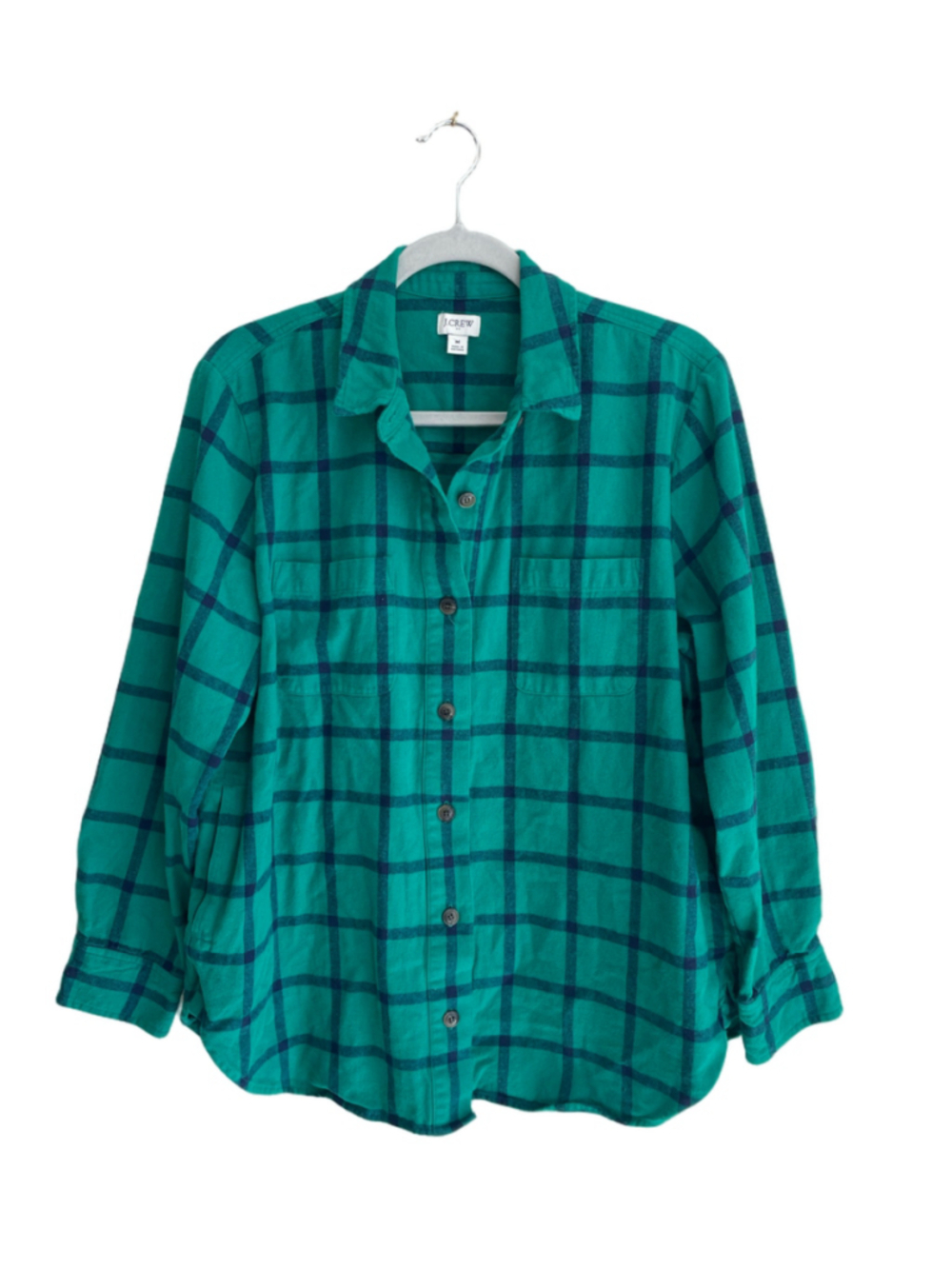 J Crew Womens Medium Green Navy Plaid Button Up Shirt Long Sleeve Pocket